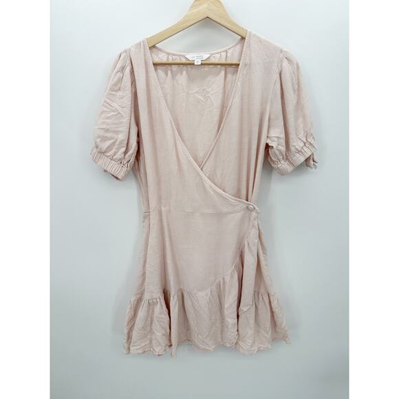 Lauren Conrad Pink White Striped Wrap Front Dress Mini Ruffle Rayon Cotton Sz M - Picture 1 of 8